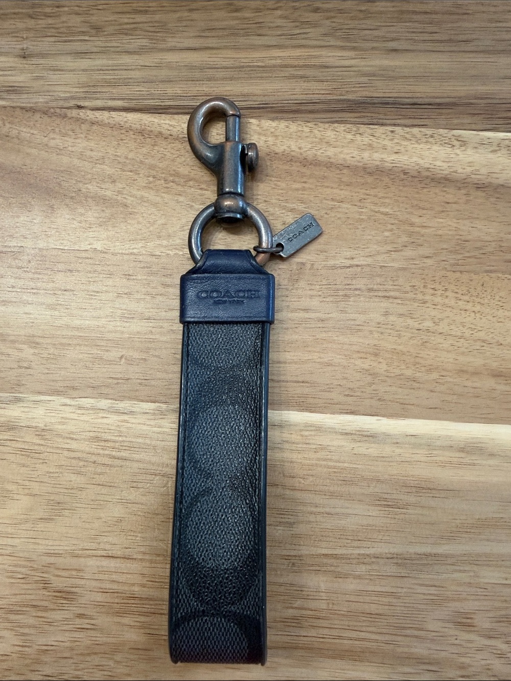 Coach Black and Gray Signature Leather Key Strap